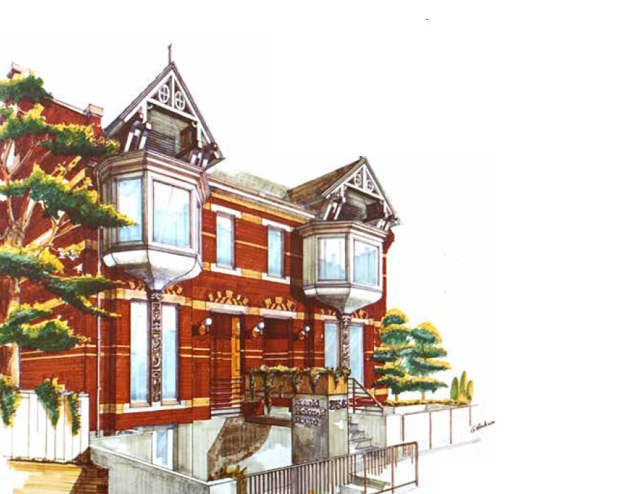 painting of a two-story brick house